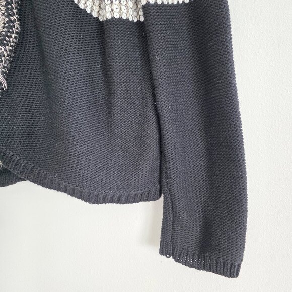 Chico's Black and White Geometric Knit Cardigan Fringe Sweater Jacket - Picture 2 of 12
